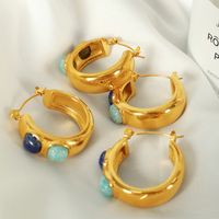 1 Pair Elegant Vintage Style Round Plating Titanium Steel Natural Stone 18k Gold Plated Hoop Earrings main image 6