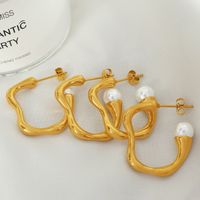 1 Pair Elegant Simple Style C Shape Irregular Plating Titanium Steel Artificial Pearls 18k Gold Plated Ear Studs main image 5