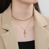 Stainless Steel 18K Gold Plated Simple Style Plating Hollow Out Inlay Tower Gourd Key Zircon Double Layer Necklaces main image 10