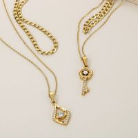 Stainless Steel 18K Gold Plated Simple Style Plating Hollow Out Inlay Tower Gourd Key Zircon Double Layer Necklaces main image 7