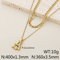 Stainless Steel 18K Gold Plated Simple Style Plating Hollow Out Inlay Tower Gourd Key Zircon Double Layer Necklaces sku image 2