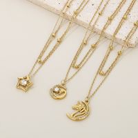 Titanium Steel 18K Gold Plated Simple Style Plating Inlay Round Star Unicorn Zircon Double Layer Necklaces main image 4