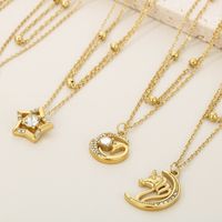 Titanium Steel 18K Gold Plated Simple Style Plating Inlay Round Star Unicorn Zircon Double Layer Necklaces main image 6