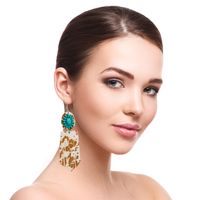 1 Pair Elegant Retro Flower Leopard Inlay Pu Leather Alloy Turquoise Turquoise Silver Plated Drop Earrings main image 3