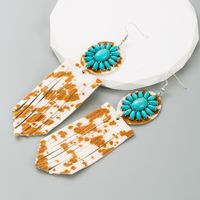 1 Pair Elegant Retro Flower Leopard Inlay Pu Leather Alloy Turquoise Turquoise Silver Plated Drop Earrings main image 5