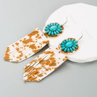 1 Pair Elegant Retro Flower Leopard Inlay Pu Leather Alloy Turquoise Turquoise Silver Plated Drop Earrings main image 6
