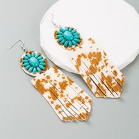 1 Pair Elegant Retro Flower Leopard Inlay Pu Leather Alloy Turquoise Turquoise Silver Plated Drop Earrings main image 4