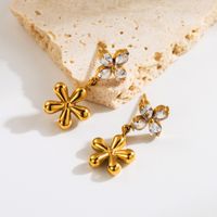 1 Pair Ig Style Basic Leaf Flower Plating Inlay Stainless Steel Zircon 18k Gold Plated Drop Earrings main image 5