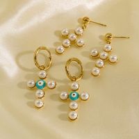 1 Pair Elegant Simple Style Cross Plating Inlay 304 Stainless Steel Pearl 14K Gold Plated Drop Earrings main image 1