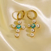 1 Pair Elegant Simple Style Cross Plating Inlay 304 Stainless Steel Pearl 14K Gold Plated Drop Earrings main image 5
