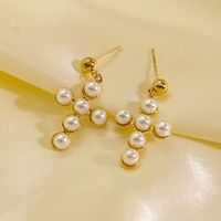 1 Pair Elegant Simple Style Cross Plating Inlay 304 Stainless Steel Pearl 14K Gold Plated Drop Earrings main image 6