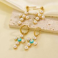 1 Pair Elegant Simple Style Cross Plating Inlay 304 Stainless Steel Pearl 14K Gold Plated Drop Earrings main image 3