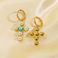 1 Pair Elegant Simple Style Cross Plating Inlay 304 Stainless Steel Pearl 14K Gold Plated Drop Earrings main image 7