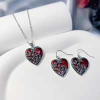 Elegant Vintage Style Heart Shape Rose Skull Metal Silver Plated Unisex Earrings Necklace sku image 10