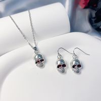 Elegant Vintage Style Heart Shape Rose Skull Metal Silver Plated Unisex Earrings Necklace sku image 3