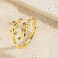 Vintage Style Simple Style Commute Leaves Copper Plating Inlay Zircon 14k Gold Plated Open Rings sku image 7