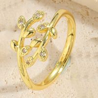 Vintage Style Simple Style Commute Leaves Copper Plating Inlay Zircon 14k Gold Plated Open Rings sku image 4