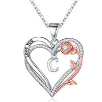 Romantic Letter Heart Shape Rose Stainless Steel Copper Plating Inlay Zircon 14k Gold Plated Pendant Necklace sku image 1