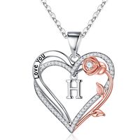 Romantic Letter Heart Shape Rose Stainless Steel Copper Plating Inlay Zircon 14k Gold Plated Pendant Necklace sku image 3
