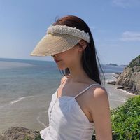 امرأة أسلوب بسيط النمط الكلاسيكي كتلة اللون لؤلؤة طنف واسعة قبعة الشمس main image 4