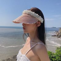 امرأة أسلوب بسيط النمط الكلاسيكي كتلة اللون لؤلؤة طنف واسعة قبعة الشمس main image 1
