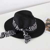 Women's Basic Classic Style Color Block Bowknot Flat Eaves Straw Hat sku image 2