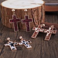 1 Pair Retro Simple Style Cross Alloy Artificial Leather 18k Gold Plated Drop Earrings main image 3