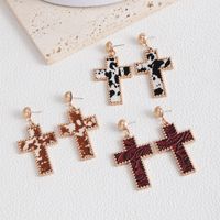1 Pair Retro Simple Style Cross Alloy Artificial Leather 18k Gold Plated Drop Earrings main image 1
