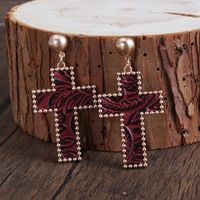 1 Pair Retro Simple Style Cross Alloy Artificial Leather 18k Gold Plated Drop Earrings sku image 3