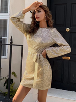 Women's Sequin Dress Elegant Vintage Style Round Neck Long Sleeve Solid Color Above Knee Daily sku image 6
