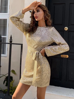 Women's Sequin Dress Elegant Vintage Style Round Neck Long Sleeve Solid Color Above Knee Daily sku image 5