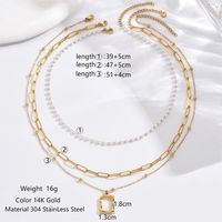 304 Stainless Steel 14K Gold Plated Elegant Simple Style Roman Style Pearl Plating Inlay Triangle Square Roman Numeral Acrylic Three Layer Necklace sku image 1