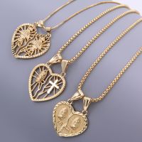 Ig Style Streetwear Cross Virgin Mary Heart Shape Copper Indentation Polishing Plating 18k Gold Plated Pendant Necklace main image 3
