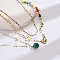 304 Stainless Steel Synthetic Resin Glass 14K Gold Plated Elegant Vintage Style Beaded Plating Inlay Round Life Tree Zircon Double Layer Necklaces Necklace main image 1