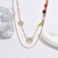 304 Stainless Steel Synthetic Resin Glass 14K Gold Plated Elegant Vintage Style Beaded Plating Inlay Round Life Tree Zircon Double Layer Necklaces Necklace main image 7