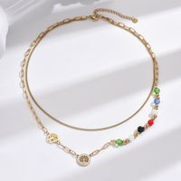 304 Stainless Steel Synthetic Resin Glass 14K Gold Plated Elegant Vintage Style Beaded Plating Inlay Round Life Tree Zircon Double Layer Necklaces Necklace main image 8