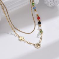 304 Stainless Steel Synthetic Resin Glass 14K Gold Plated Elegant Vintage Style Beaded Plating Inlay Round Life Tree Zircon Double Layer Necklaces Necklace main image 6