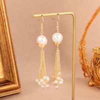 1 Pair Elegant Shiny Geometric Tassel Tassel Plating Inlay Copper Pearl Zircon 18k Gold Plated Drop Earrings main image 8