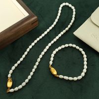 Elegant Formell Einfacher Stil Runden Süßwasserperle Titan Stahl Perlen Überzug 18 Karat Vergoldet Armbänder Halskette main image 1
