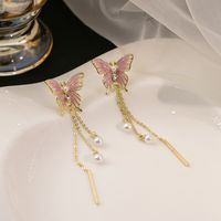 1 Pair Sweet Simple Style Butterfly Tassel Pearl Alloy Drop Earrings main image 7