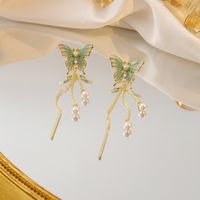 1 Pair Sweet Simple Style Butterfly Tassel Pearl Alloy Drop Earrings sku image 2