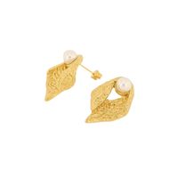 1 Pair Retro Leaf Plating Inlay Titanium Steel Artificial Pearls 18K Gold Plated Ear Studs main image 3