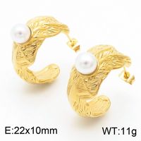 1 Pair French Style C Shape Plating Inlay Titanium Steel Artificial Pearls 18K Gold Plated Ear Studs sku image 1