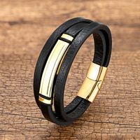 Vintage Style Punk Geometric Stainless Steel Leather Rope Layered Handmade Metal Button Men's Bracelets sku image 1