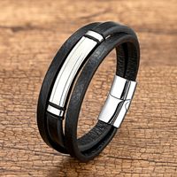 Vintage Style Punk Geometric Stainless Steel Leather Rope Layered Handmade Metal Button Men's Bracelets sku image 7