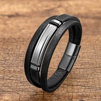 Vintage Style Punk Geometric Stainless Steel Leather Rope Layered Handmade Metal Button Men's Bracelets sku image 4