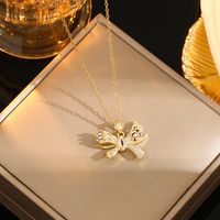 Wholesale Casual Commute Heart Shape Mermaid Bow Knot Titanium Steel Hollow Out Inlay 18K Gold Plated Zircon Pendant Necklace sku image 18