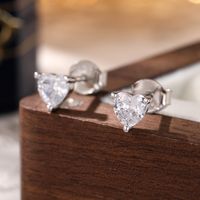 1 Pair Casual Cute Solid Color Heart Shape Plating Inlay Sterling Silver Zircon White Gold Plated Ear Studs main image 1