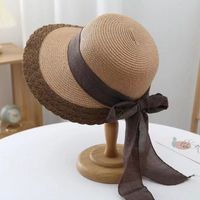 Women's Retro Vacation Sweet Color Block Bowknot Wide Eaves Straw Hat sku image 2