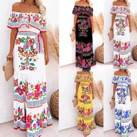 Femmes Robe Trapèze Style Vintage Hors Épaule Impression Manche Courte Fleur Maxi Longue Robe Du Quotidien Fête main image 1